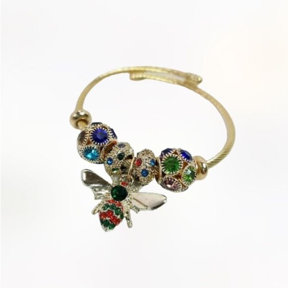 Multicolored Rhinestones Bee Charm Dangle, Stretch, Cuff Bracelet - Picture 2 of 9
